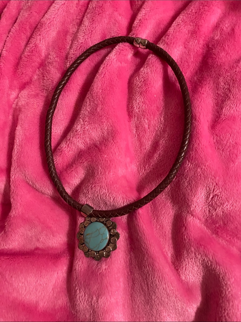 Brown Leather Necklace with Turquoise Pendant